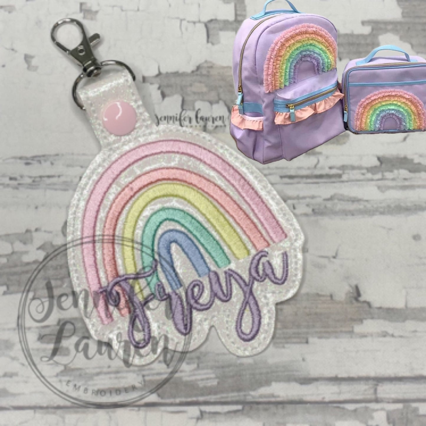 Rainbow name tag M2M Girl August bookbag