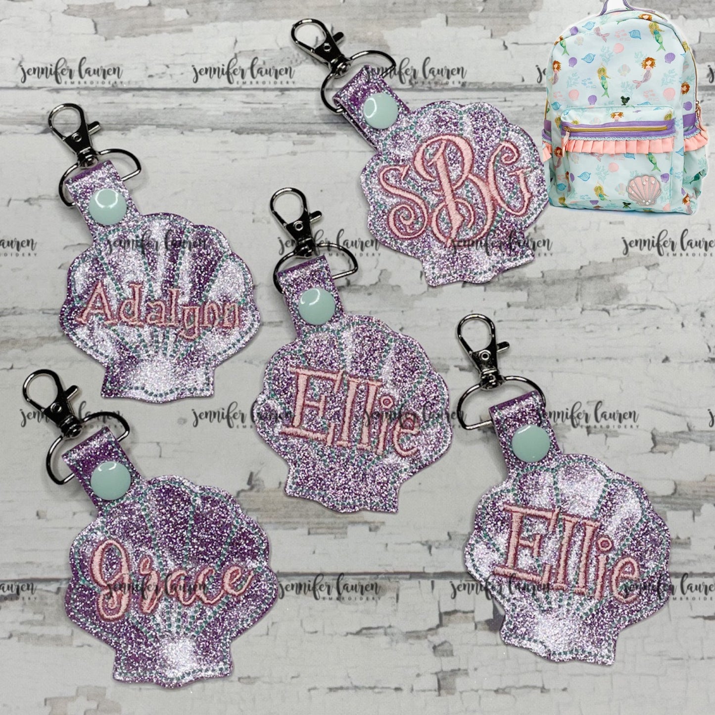 Seashell name tag M2M L&G mermaid bookbag