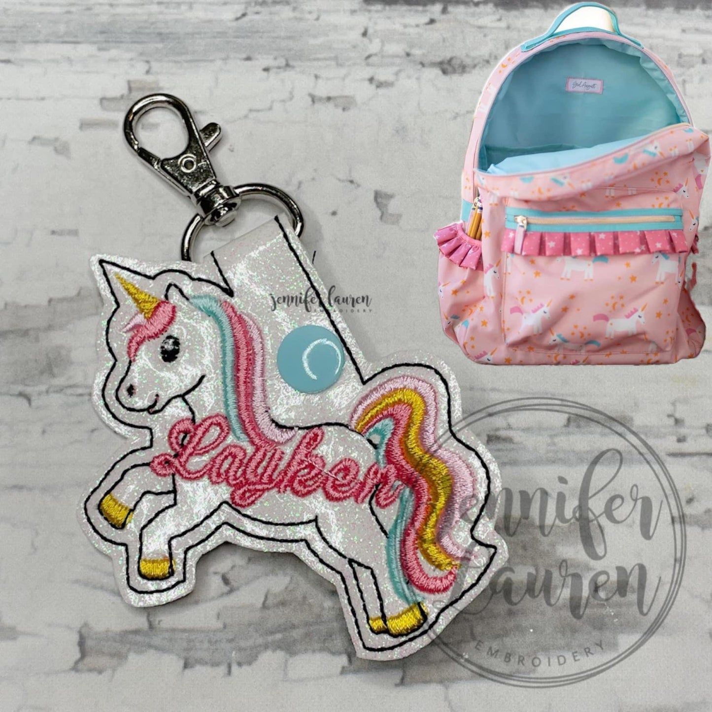 Unicorn name tag M2M Girl August bookbag